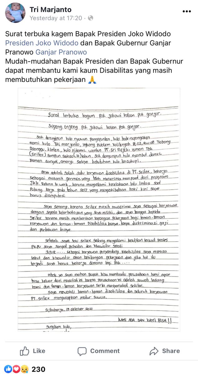 Dapat dari FB, surat terbuka untuk Presiden <a href="/jokowi/">Joko Widodo</a> dan Pak <a href="/ganjarpranowo/">Ganjar Pranowo</a> dari pekerja disabilitas, salah satu buruh di Sukoharjo. 

Semoga segera ada jalan keluar, yg lihat twit ini bantu RT ya 🙏