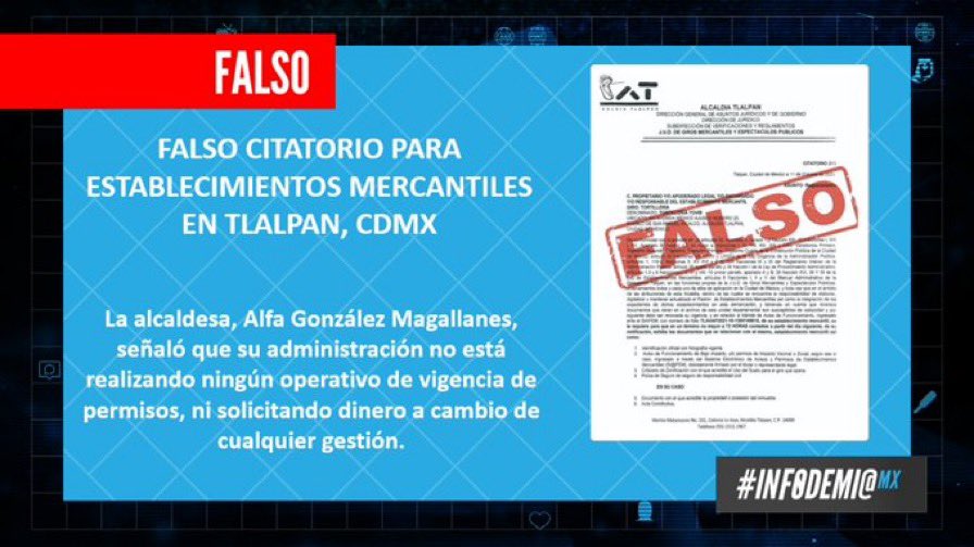 infodemiaMex's tweet photo. 🚨#FakeNewsAlert
❌#Falso #citatorio para establecimientos mercantiles en #Tlalpan, #CDMX.
✔️La alcaldeza señaló que su administración no realiza ningún operativo de vigilancia de permisos, ni solicita dinero a cambio de gestiones.
👉Desmentido: https://t.co/5tjcY6Sdg5 https://t.co/wd4VIaXM96
