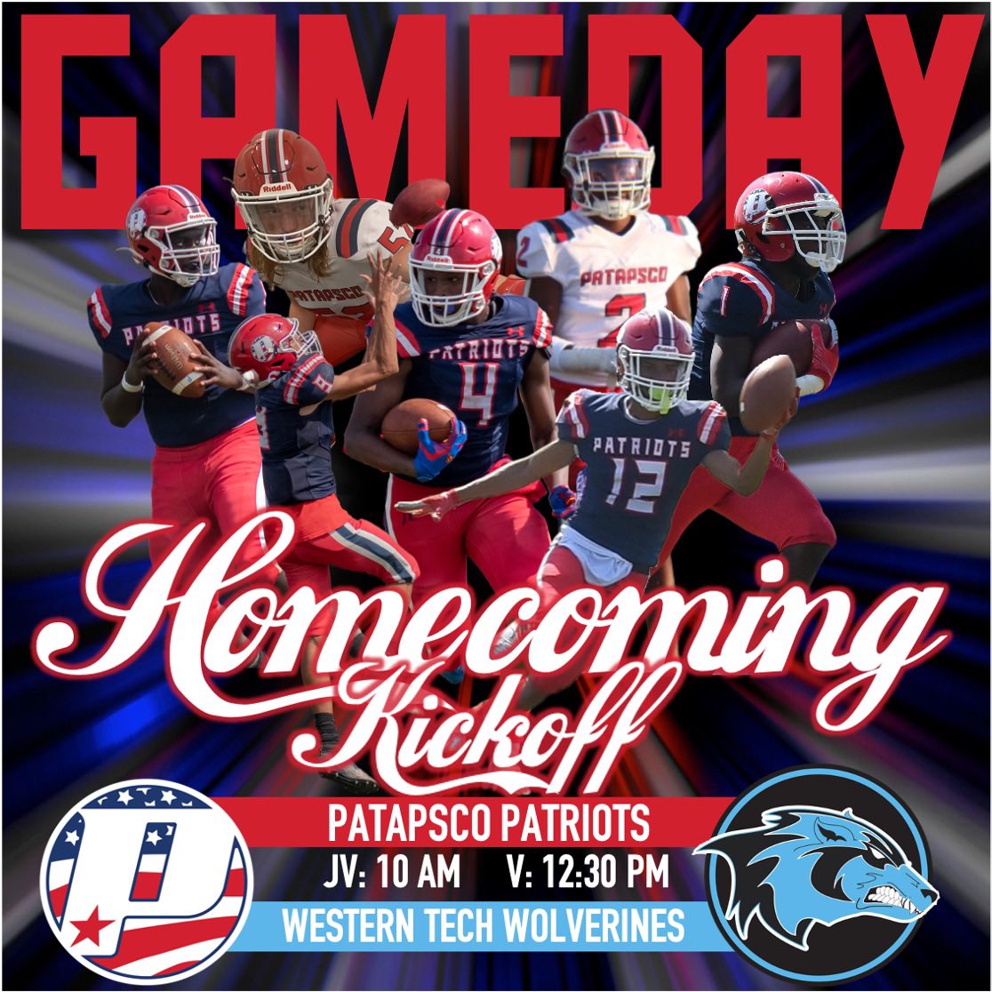 PtapFootball's tweet photo. 🏈 IT’S A PARTY 🏈

Your kickoff to Homecoming Week 2021 is finally here!

Your Patapsco Patriots take the field against the Western Tech Wolverines today! Come cheer your favorite Patriots onto victory today!

#findtheendzone #ptapfball #hoco2021 #hocokickoff https://t.co/vJ1534Mpld