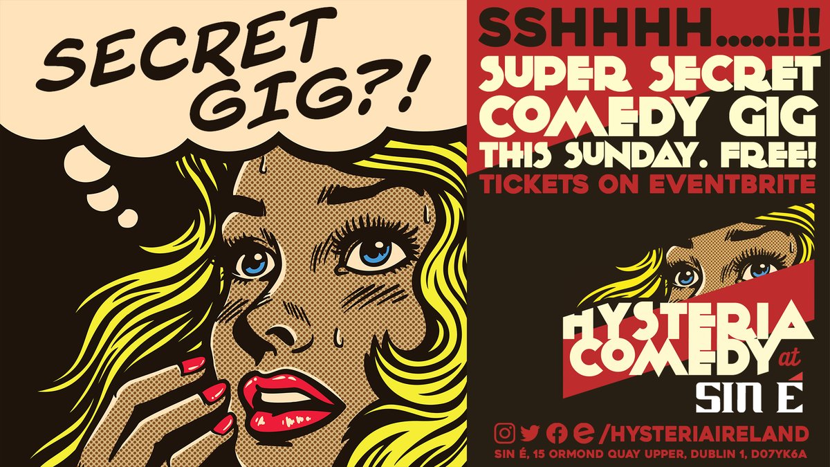 FREE SECRET GIG! Ahead of our launch weekend next week, we're having a super secret comedy gig with some fantastic comedians in Sin E this Sunday, 18 Oct at 7.30pm. Tickets here: eventbrite.ie/e/190670369207
TELL EVERYONE IT'S A SECRET!