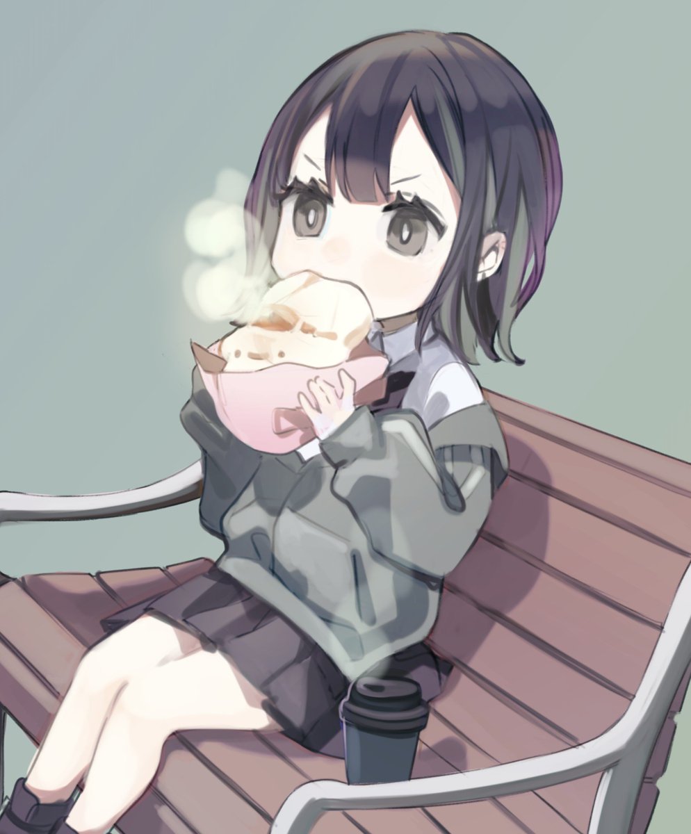 1girl solo skirt bench baozi food sitting  illustration images