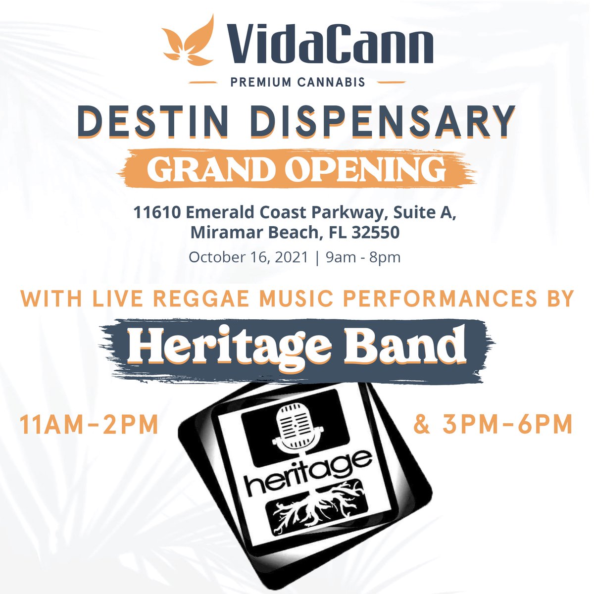 The day is HERE! 🥳 Stop by the 𝗚𝗥𝗔𝗡𝗗 𝗢𝗣𝗘𝗡𝗜𝗡𝗚 of our VidaCann in Destin, FL! Enjoy live performances by <a href="/HeritageBand/">Heritage Band</a> and special swag from <a href="/Yoloboard/">YOLO Board</a>  and ourselves 🔥🌿😎 Stop by for easy times, good vibes, and SWAG!