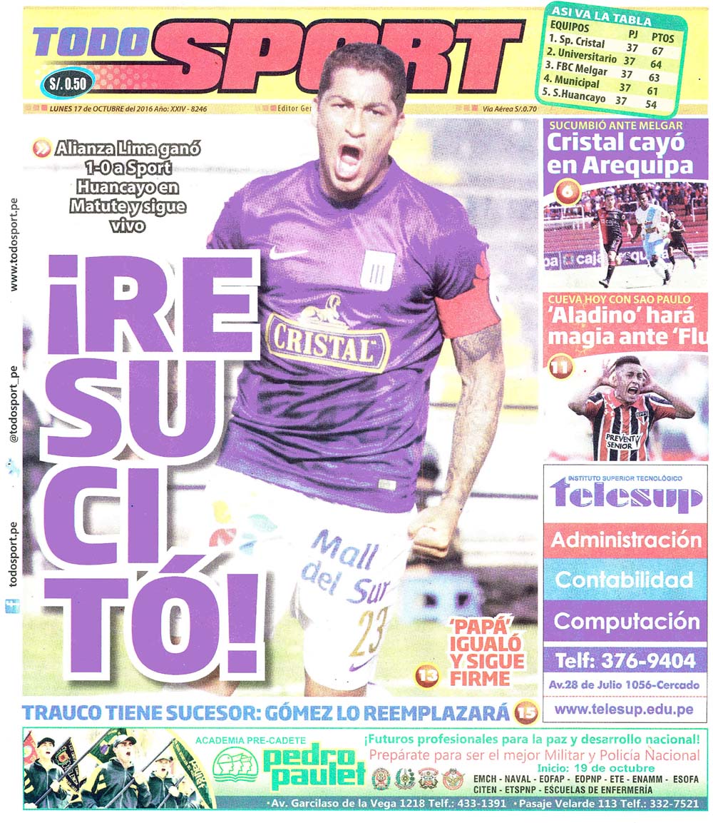 memorias_al's tweet photo. ⏳Faltan 6 horas y 23 minutos para que Alianza Lima enfrente a Mannucci por la Fase 2 - Liga 1.

En #memoriasALpapel📰💜 recordar la última vez que los grone vencieron un día como hoy. Fue hace 5 AÑOS📅 cuando en Matute🏟️se ganó por 1-0 ante Sport Huancayo con gol de @Nando043 🇺🇾 https://t.co/at5xKuevEv