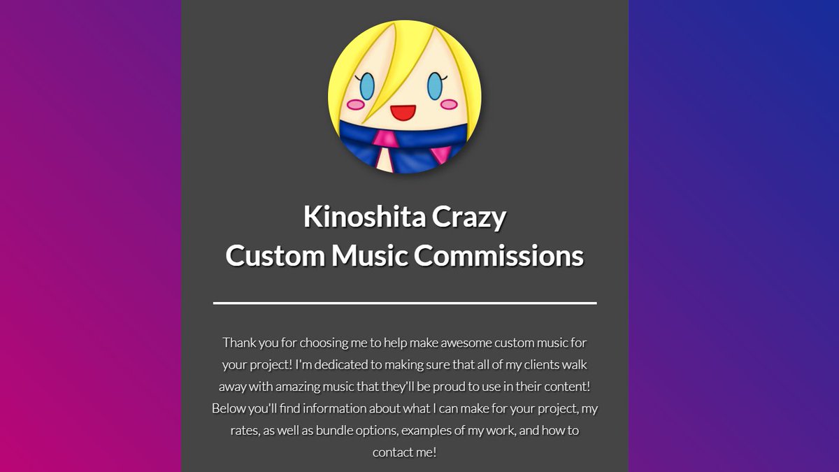 Kinoshita_Crazy's tweet image. Hey everyone, here is my commission page for custom music!
If you need custom music or sounds for your:
> podcast
> stream
> YT channel
> whatever it is
check out my site and consider hiring me to work with you!
kinocrazycommissions.carrd.co
