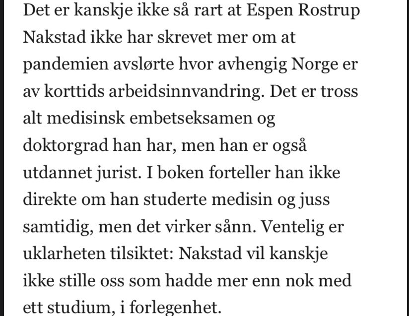 Morgenbladets anmelder mener Nakstad er grenseløst imponerende for å ha studert jus og medisin samtidig, mens Camilla Stoltenberg er problematisk arbeidsnarkoman.