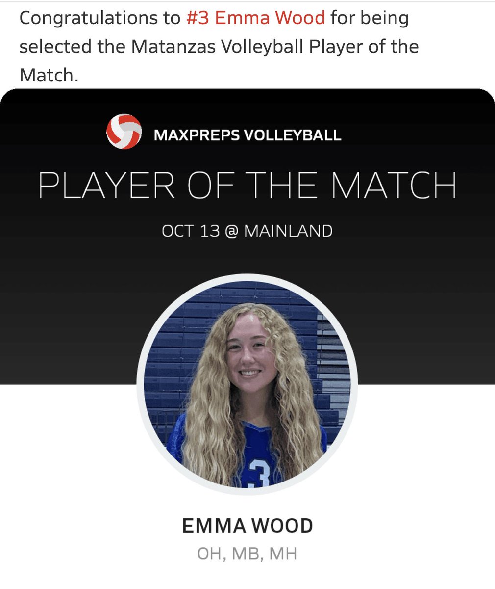 Congrats to #3 Emma Wood for being named Player of the Match against Mainland!