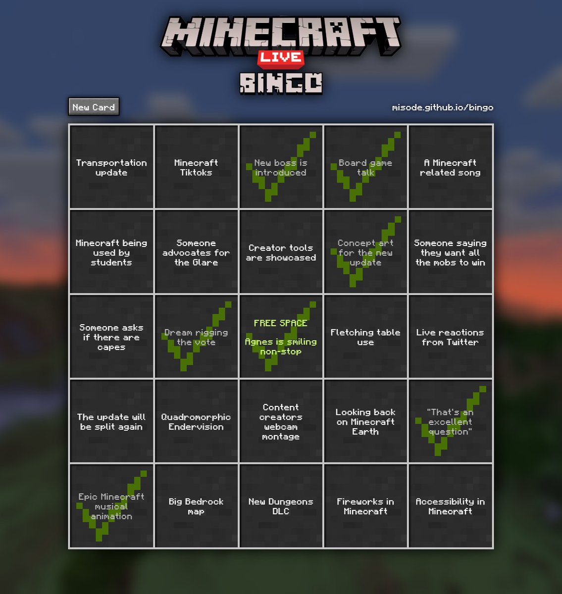 Just like last year, I made a bingo card generator to fill out during #MinecraftLive. Have fun! misode.github.io/bingo/
