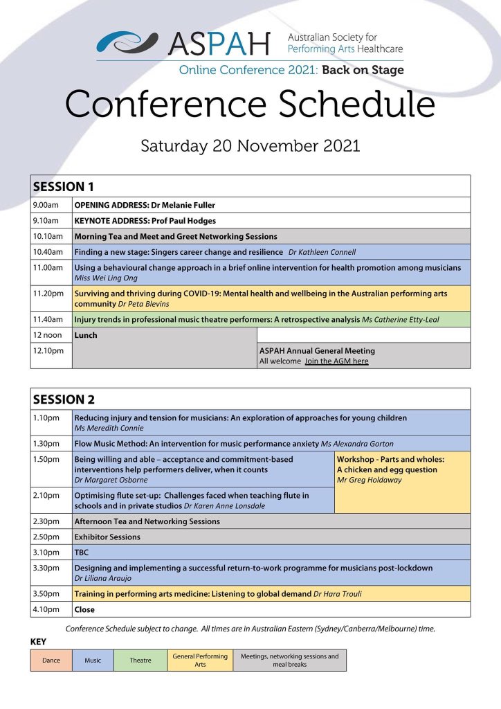 #ASPAH2021 Online Conference - register now!
Check out our schedule!! 

Register for #aspah2021 via Eventbrite here: bit.ly/aspah2021

#aspah2021 #healthcare #performingartshealthcare #performingarts #music #dance #conference #networking #onlineconference