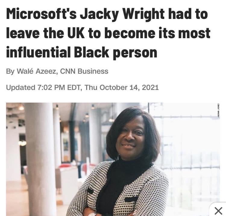 Day 16 #blackhistorymonth London(CNN Business) “Microsoft chief digital officer Jacky Wright has been named the United Kingdom's most influential Black person. But the US-based executive says she might not have reached the top of her profession had she stayed in Britain.”