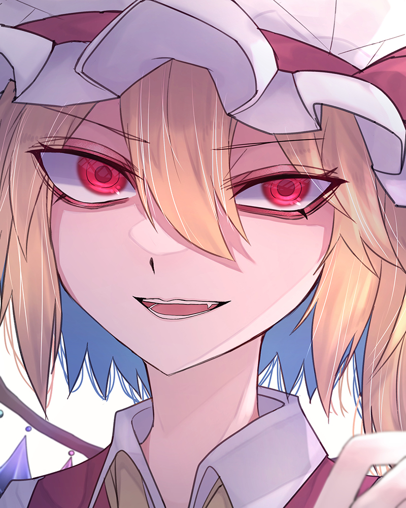 flandre scarlet 1girl solo blonde hair hat red eyes mob cap hair between eyes  illustration images