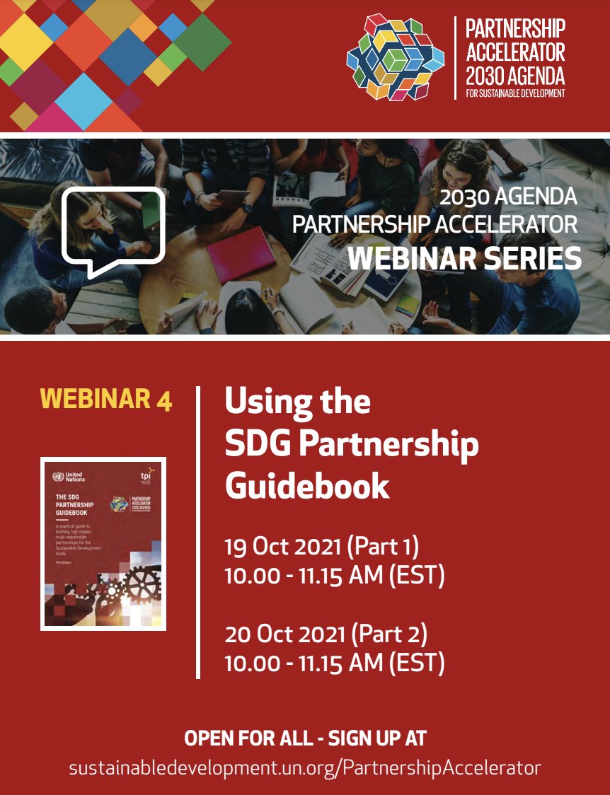 SustDev's tweet photo. Are you interested in partnering 🤝 for the #SDGs?
JOIN a webinar by the #PartnershipAccelerator on how to use the SDG Partnership Guidebook.
Mark your calendar!🗓️ Join for part 1⃣ on 19 Oct and part 2⃣ on 20 Oct.
Register here: https://t.co/1leKxSNenR https://t.co/3Nxe234qtm