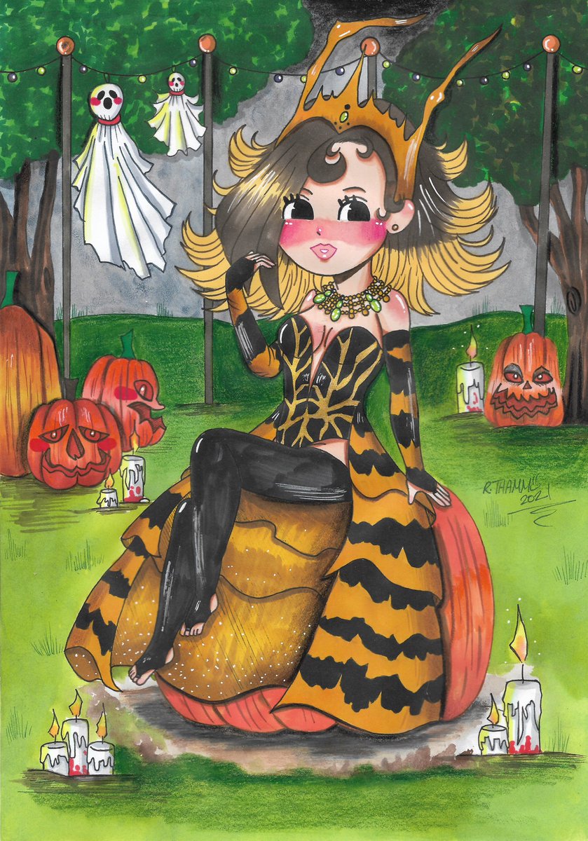 Besides drawing her in this cute pin up girl style based off this illustrator I admire on Instagram- 
Here is Livian in her queen Wasp costume for the spooky month 🎃👻💀🐈‍⬛🧡

She came out super adorable in this 🥺💖

#AstroBoy #livian #pinupgirl #femalerobot #Halloween #mangaart