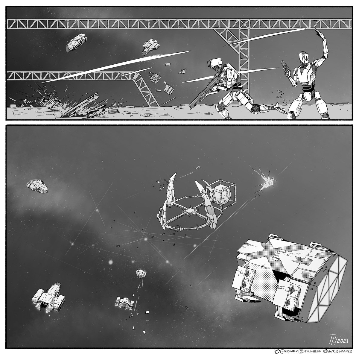 A skirmish above the moon belt! To commemorate the Starbase station siege test on the PTU here is a scene of the battle. <a href="/Frozenbyte/">Frozenbyte</a>
#Starbase #StarbaseGame #fanart