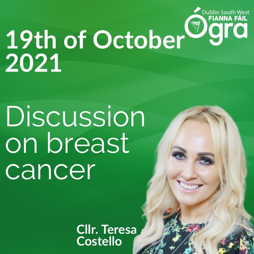 Dublin South West Ógra are delighted will be hosting a discussion on breast cancer this Tuesday the 19th of October at 7pm over zoom. 
We will be join by Breast Cancer Ambassador, Campaigner and local Cllr. Teresa Costello.  
 message us for details!