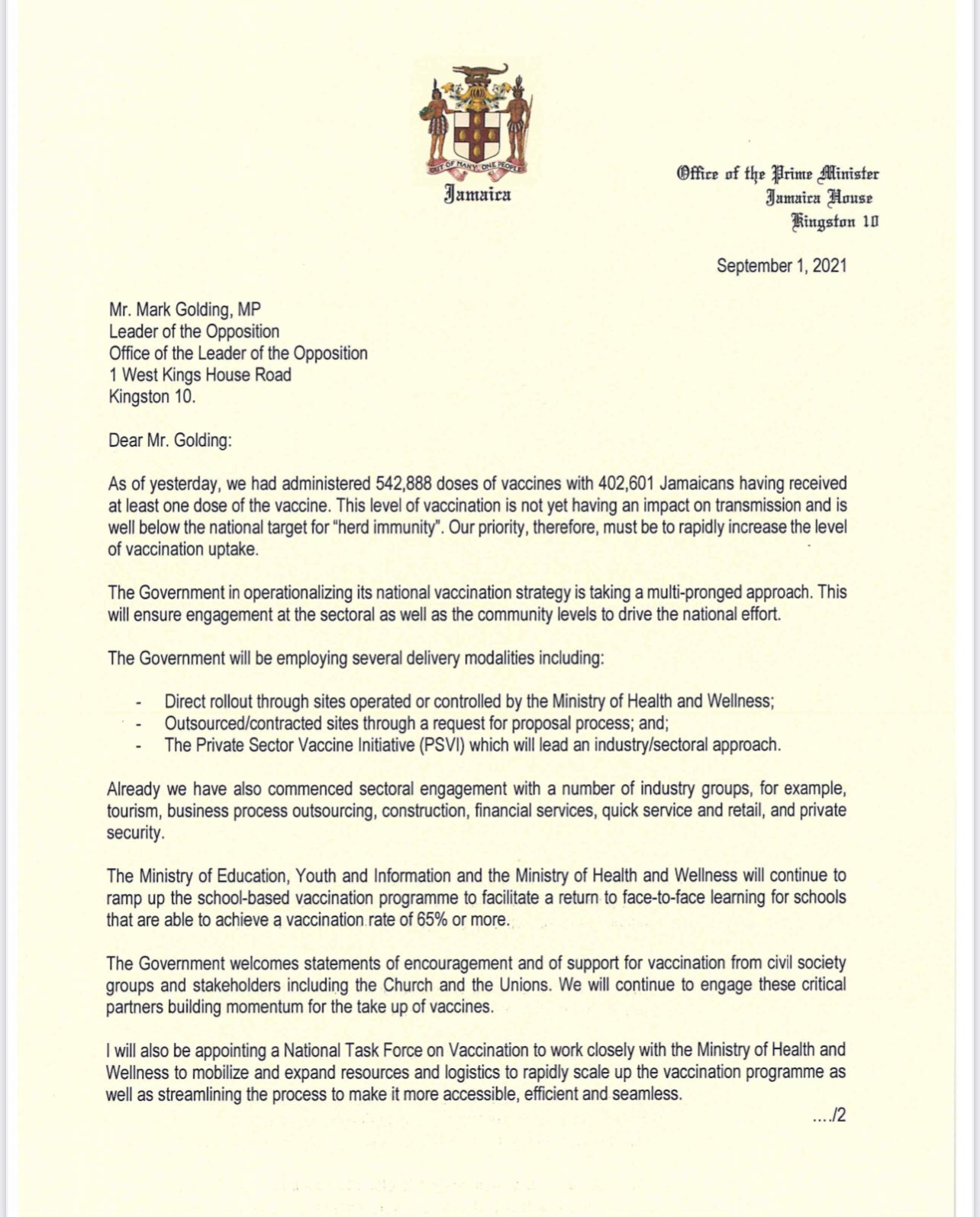 Andrew Holness on Twitter: "Please see letter of invitation sent to the  Opposition Leader who now says he was never invited to be part of a joint  national vaccination effort. https://t.co/yNm6nKc6wN" /