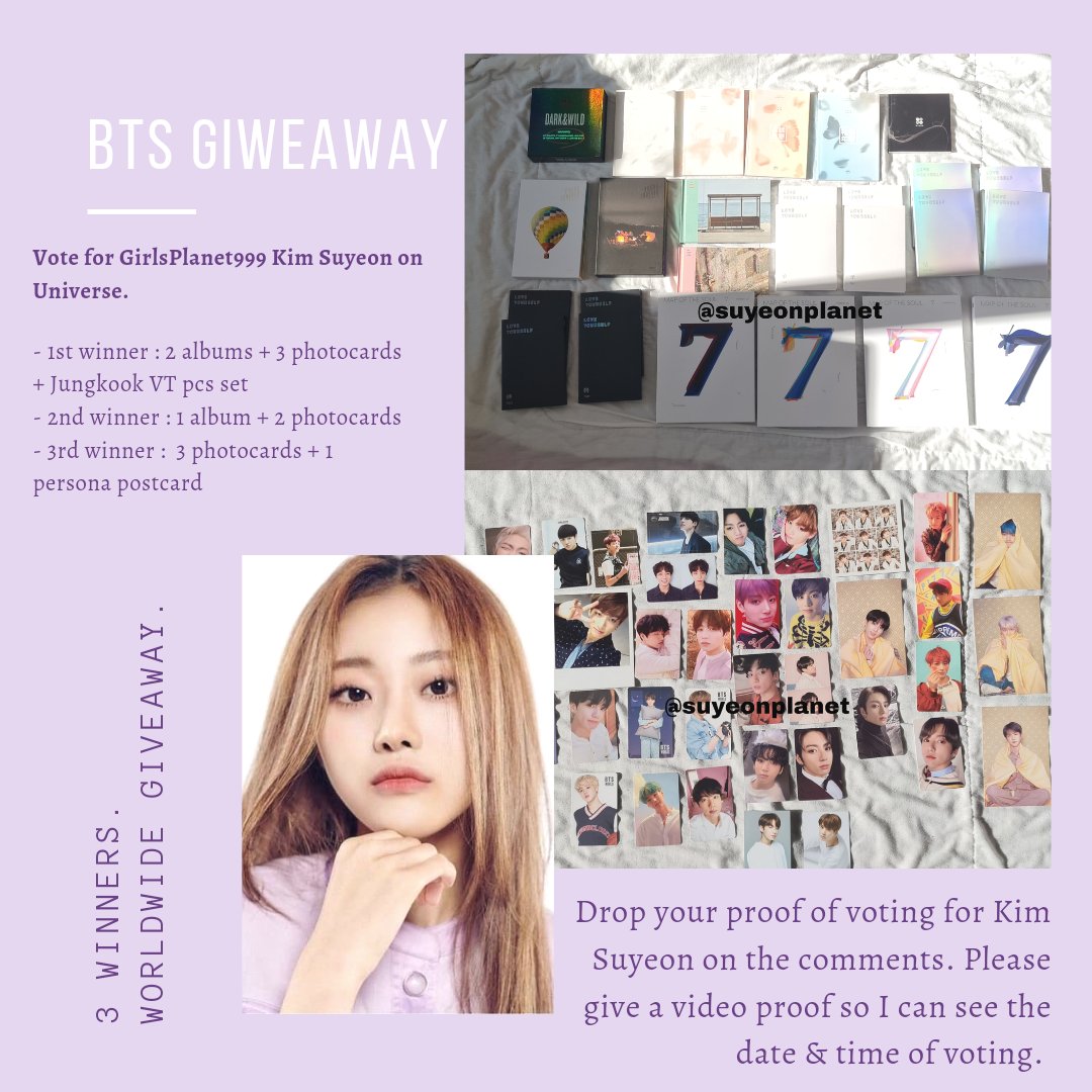 kepluvr's tweet photo. [BTS GIVEAWAY]

How to participate : Vote for Kim Suyeon on Universe.

* Vote can be everyday until Friday.
* You can choose which albums and pcs.
* RT to get a bonus entry (only if you participate.
* WORLDWIDE.
* Will officially starts after 200 rts. 

#BTS #giveaway #방탄소년단 https://t.co/TuNdWpd8AR