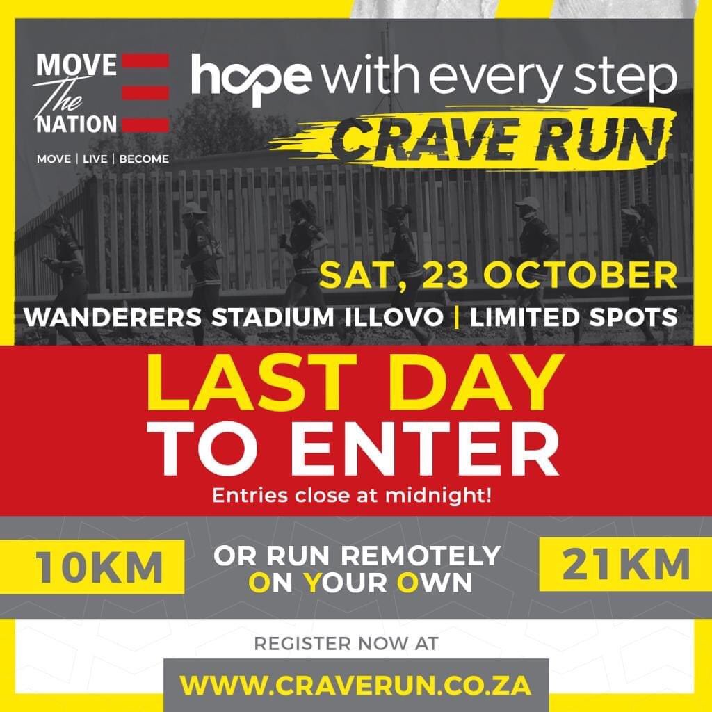 Today is the last day for entries! Don’t forget to register on craverun.co.za 🏃🏿‍♀️🏃🏽‍♂️🏃🏿‍♀️🏃🏽‍♂️🏃🏿‍♀️🏃🏽‍♂️ See u then #MoveTheNation #CraveRun