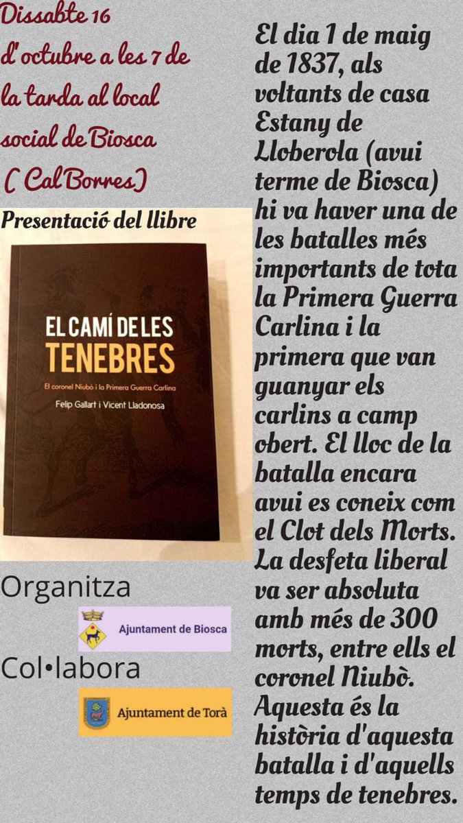 parramon's tweet photo. Avui a #Biosca #LaSegarra presentació del Llibre "El Camí de les Tenebres"  19h a Cal Borres. Un llibre sobre una de les primeres guerres Carlines més esgarrifoses que van succeir al lloc anomenat Clot dels Morts, a prop de Lloberola. Amb més de 300 morts. https://t.co/71dnhpH3mc