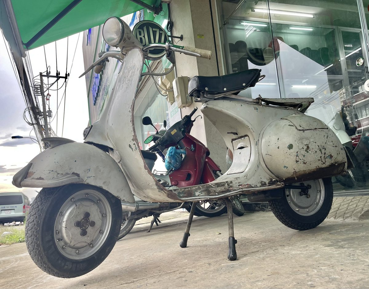 SSCvietnam's tweet photo. Back on the road after 22 years on the shelf. This “Rustoration” project 1956 VL1 Vespa kept me busy over the recent lockdown. A lot more work than expected but mission accomplished #Vespa #VL1 #Rustoration #ssc https://t.co/zGzUKbM7WZ