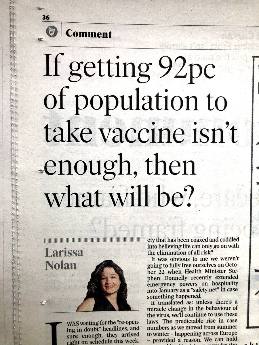 MGMolony's tweet image. But 92% of the population aren’t vaccinated - only 75%!
Today’s @Independent_ie isn’t letting the truth get in the way of a good story - disappointing.
#TruthMatters 
#vaccine 
#ForUsAll