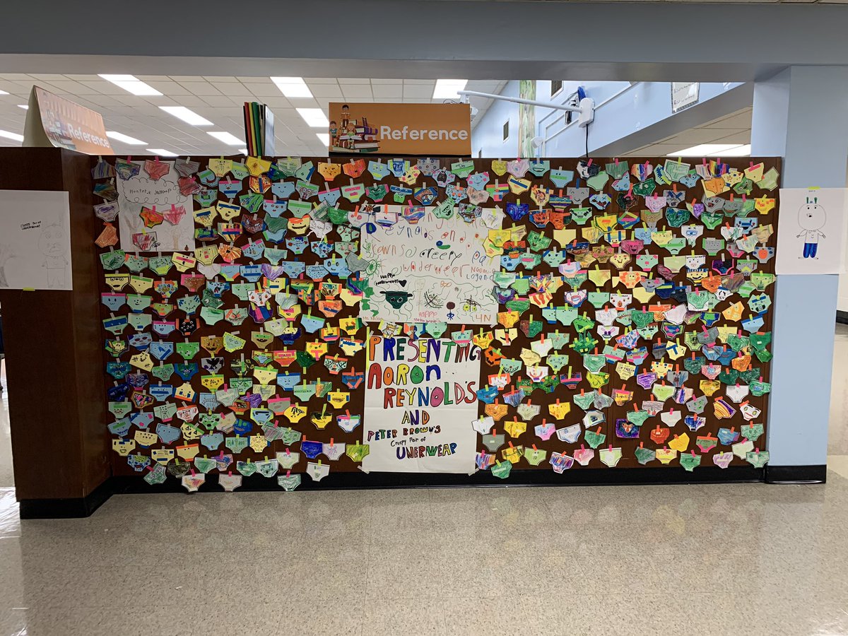 BookwormKelly10's tweet photo. First school wide project as a librarian! Loving the creativity of the @BParkElemAACPS students! They loved Creepy Underwear by Aaron Reynolds ❤️ https://t.co/OWml6htdGs