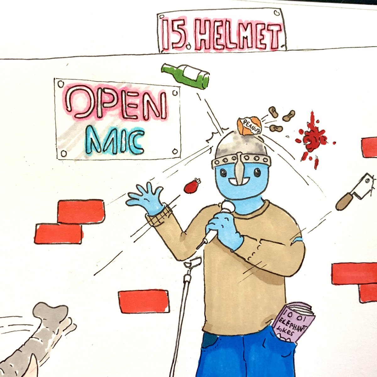 BrookScribble's tweet photo. #inktober2021 #day15 and the prompt is #HELMET
After joke 3 the audience has had enough, it soon became clear the head guard was not a prop.
#ink #inktober #inktober2021day15 #comedyclub #openmic #standup #elephant #outrage #drawing #doodle #scribble #promarker #scribblebrook https://t.co/muWiyNZKSy