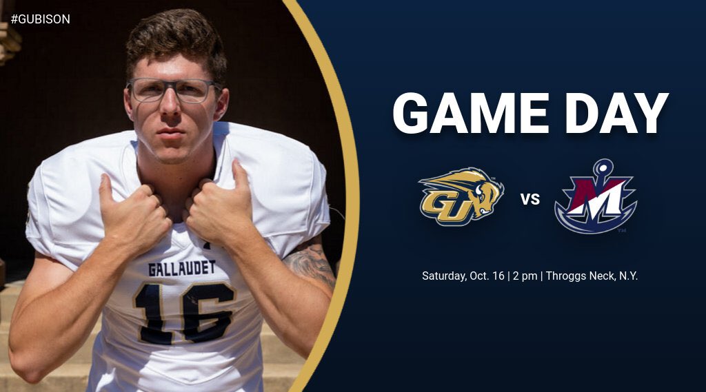 Gallaudet Football 🏈 Game Day
⏰ 2 pm 
🆚 <a href="/MTimePrivateers/">Maritime Privateers</a> 
📍 Throggs Neck, N.Y. 
📹 m.youtube.com/channel/UCeQHW…
📊 maritimeathletics.com/sidearmstats/f…
#GUBison | #d3fb | <a href="/d3ECFC/">ECFC</a>