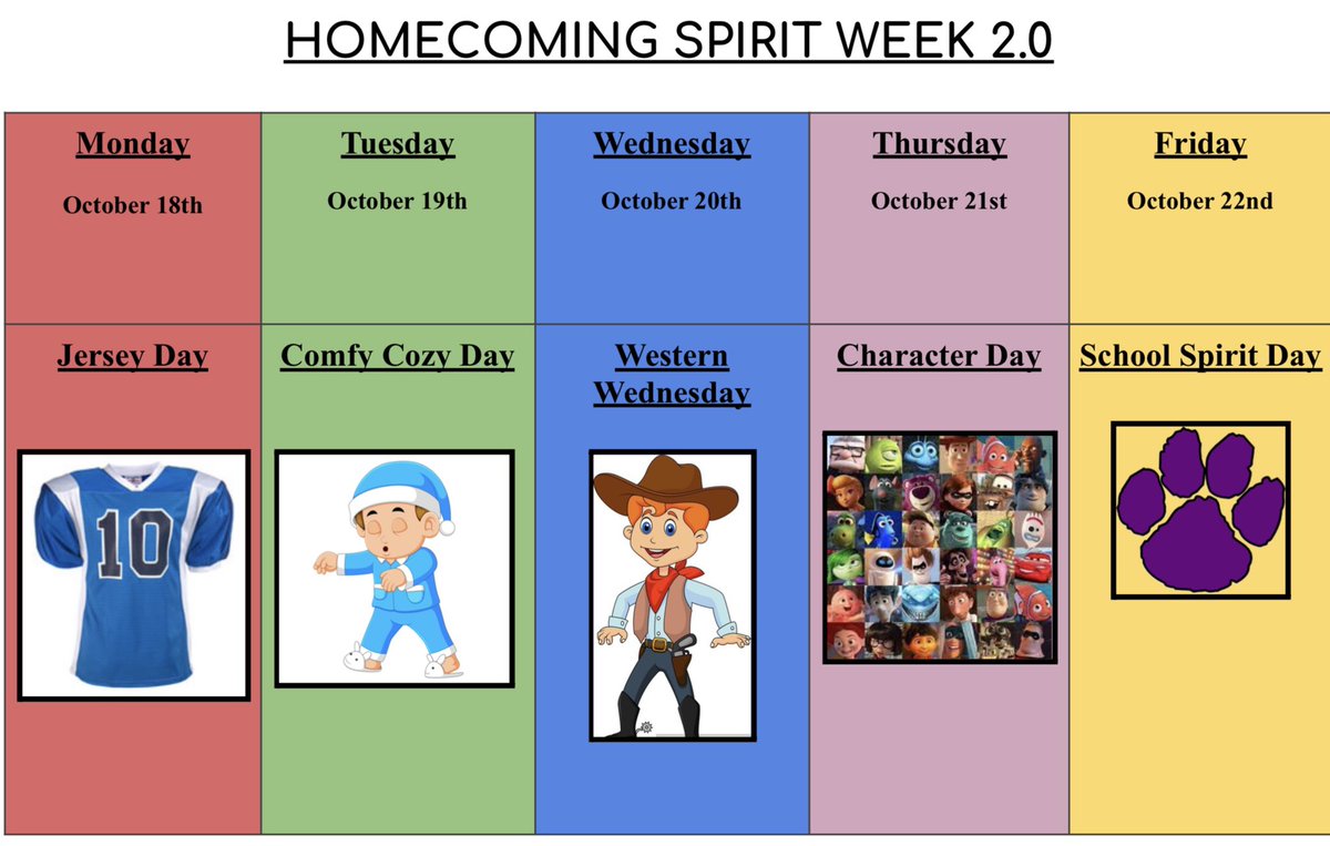 It’s time for Homecoming Spirit Week 2.0!

With the homecoming football game rescheduled for Friday, October 22nd, there will be a second spirit week! Homecoming Spirit Week 2.0 will occur all next week! 
#GoScotties! 🎉💜💛 #BSCSD