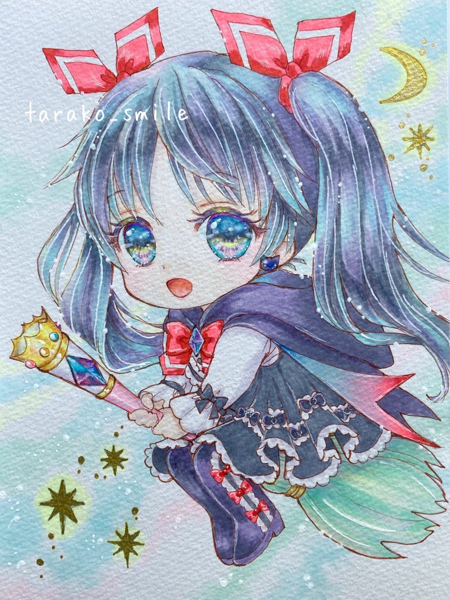 1girl solo blue eyes twintails broom chibi traditional media  illustration images