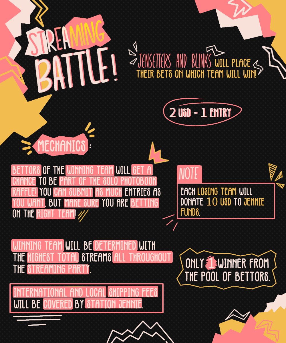 Jennie_Union's tweet photo. ⚔️ STREAMING BATTLE ⚔️
Jensetters and Blinks will place their BETS on which team will WIN!
2 USD = 1 ENTRY
ENTER NOW: https://t.co/biCHcBl5m7
Bettors of the winning team will get a chance to be part of the SOLO PHOTOBOOK RAFFLE!
READ FOR MORE INFORMATION BELOW. https://t.co/qNpYJGVx5T