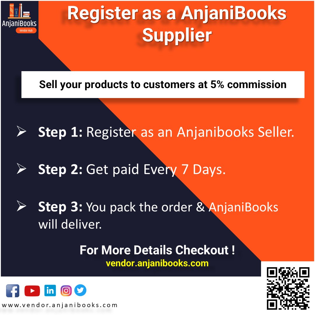 Register as an AnjaniBooks Supplier.
Sell your products to customers at a 5% commission🌐 
For More Details Checkout!
vendor.anjanibooks.com
-------
#sellingonline  #selleronline