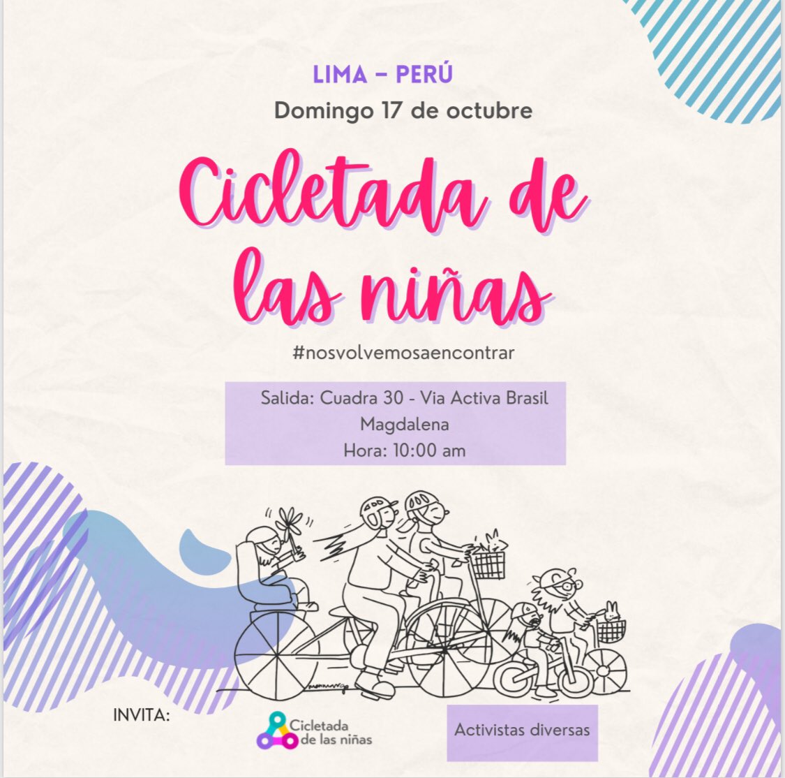 cicleandoenlima's tweet photo. Mañana domingo 17 nos volvemos a encontrar en la Cicleteada de las niñas 👧🏾🚲👧🏾
@duomaco @Ztphie @limacomovamos @map8pedaleable @limacomovamos @LasMalcriadasNi @cattyperu @waitasumaq @KatiuskaOjeda10 @RevistaPedalea https://t.co/3W8r95NK76