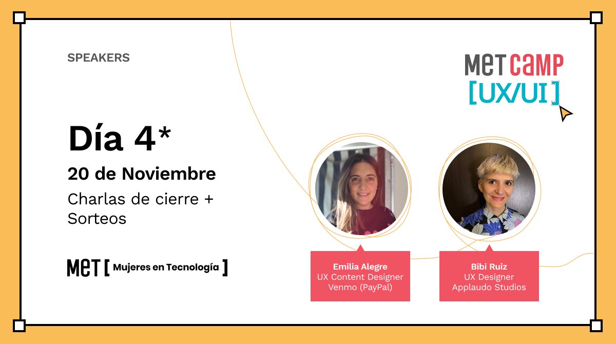 comunidadmet's tweet photo. 📣Te presentamos las speakers que nos acompañarán en el #MeTCaMPUXUI 🎉
👉@emiliaalegre_ - UX Content Designer.📖Podemos hacer que más personas se sientan incluidas. 
👉Bibi - UX Designer, mi propósito es compartir una mirada más diversa en la comunidad.
🎟️https://t.co/jIGBuEUfpy https://t.co/azuyAR6xTp