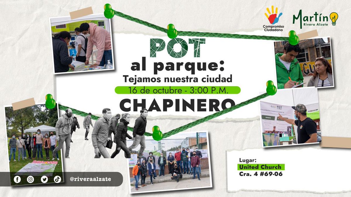 riveraalzate's tweet photo. Hoy nuestro #POTalParque estará en Chapinero.
Estaremos junto al edil @SANTAMARIABARVO del @CeDemocratico.
Les esperamos para hablar sobre el futuro de Bogotá.
📍 United Church: Carrera 4 #69-06.
🕰 3:00 PM https://t.co/iKLrtjh3GH
