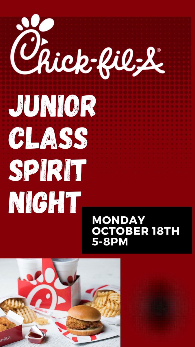 PRHS_SGA_'s tweet photo. Hey bears!! Go support our Junior class at chick-fil-A 
Monday October 18 from 5:00-8:00pm
Hope to see you there!!🐻💚
@PalmettoRidgeHS https://t.co/x69yW2sU4a