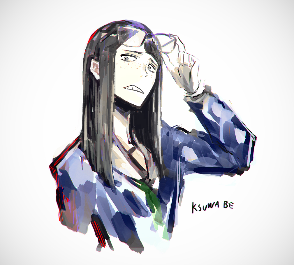 1girl freckles solo long hair sanpaku jacket black hair  illustration images