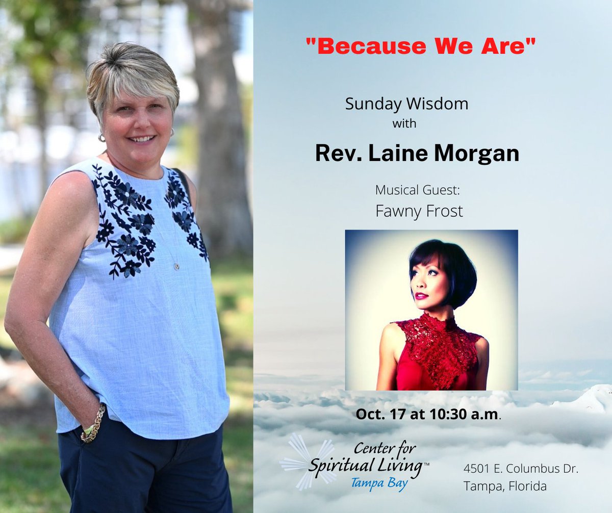 CSLTampaBay's tweet photo. This Sunday at 10:30, Rev. Laine Morgan explores explores how oneness is expressed in our human experience of community.  Alone we go faster, together we go further.
Music by Fawny Frost.
4501 E Columbus Dr
Tampa, Florida
#csltampabay #tampa #centersforspiritualliving #tampabay https://t.co/GUusi2WiEd
