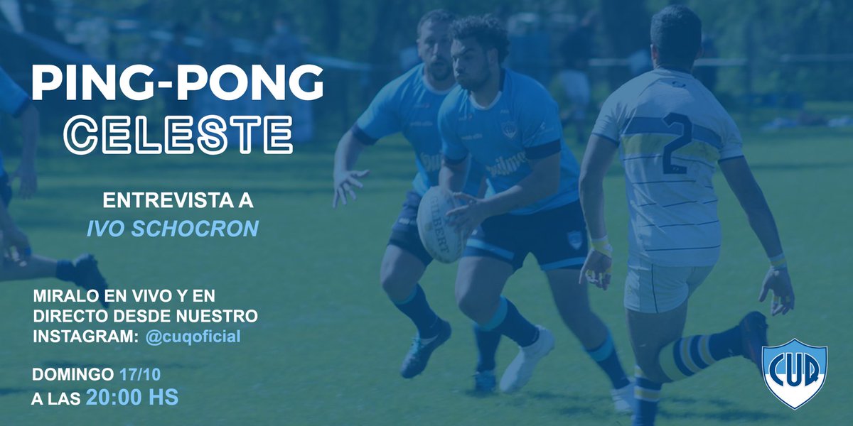 Domingo de nuevo #PingPongCeleste junto a IVO SCHOCRON @ivoschocron, jugador del plantel superior. 
Préndete al vivo a las 20 hs! Nos vemos ahí!😀🏉

#cuqoficial #entrevista #quilmes #clubderugby #rugby #rugbyargentino