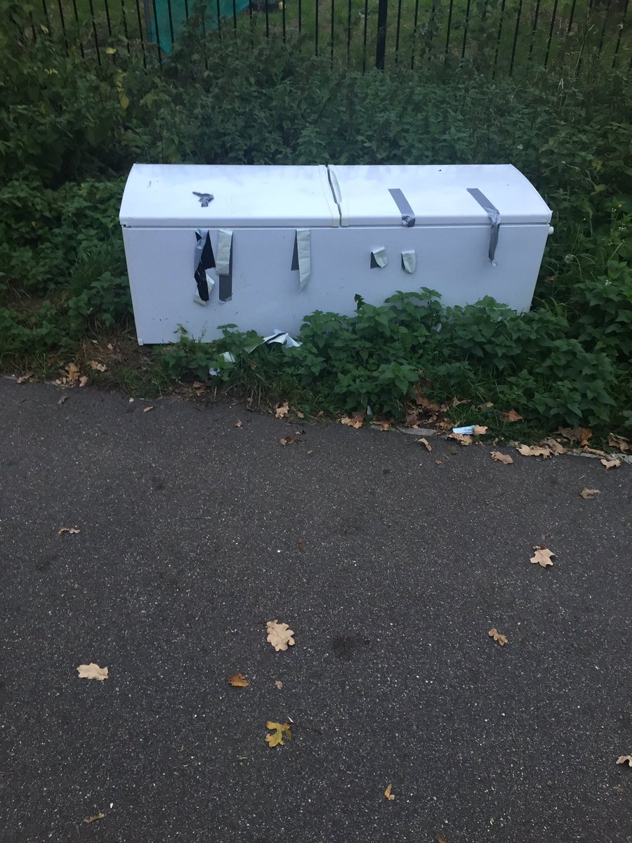 Fly tipped fridge in Firs Park Farm wetlands at the A10 entrance <a href="/EnfieldCouncil/">Enfield Council</a>