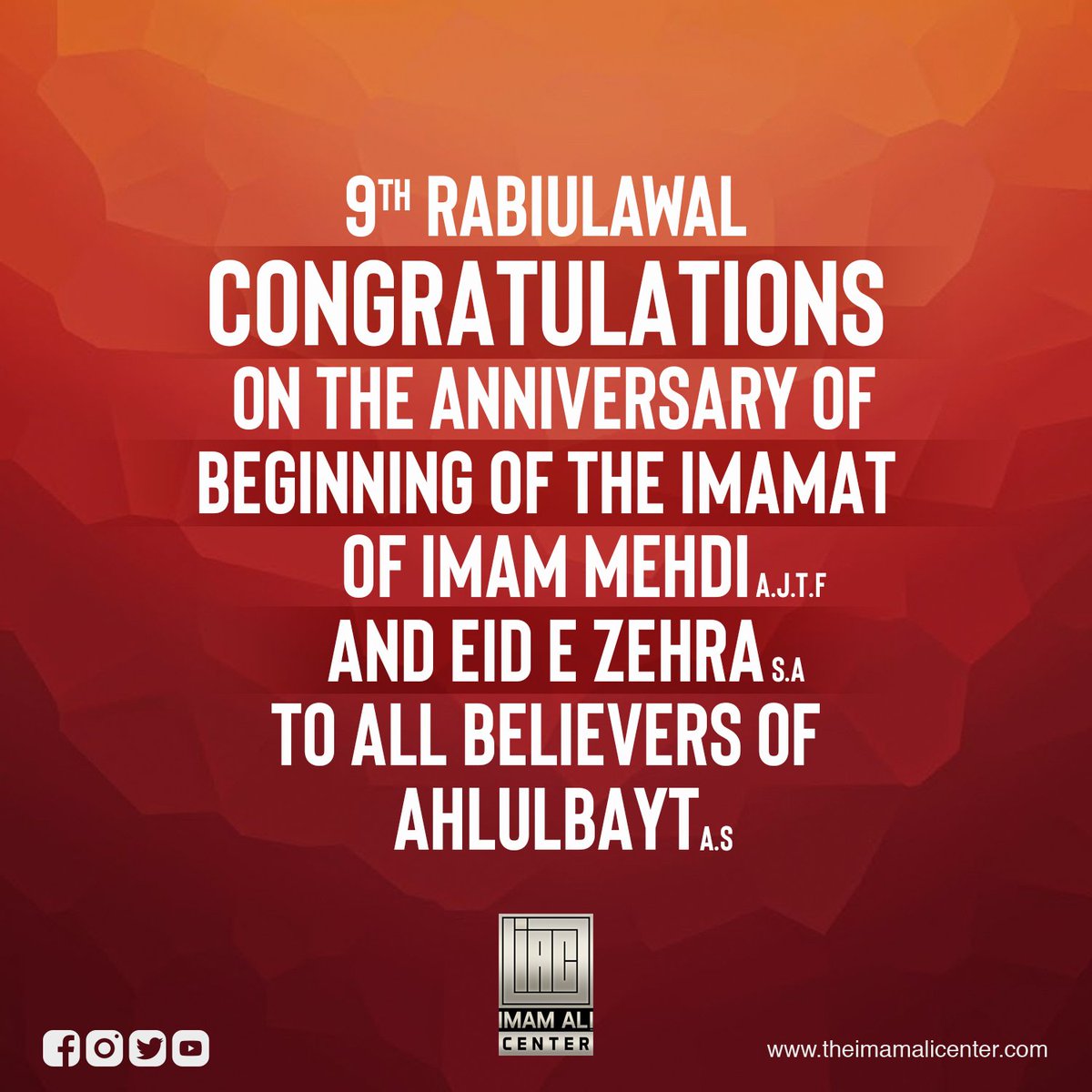 theimamali's tweet photo. Eid-E-Zehra S.A &amp; Eid-E-Shuja Mubarak | Imam Ali Center
#HappiestdayofHistory #beginingofImamat #DivineLeader #9thrabiulawal #blessing #CongratulationstoAhlulbayt #Imamat #ImamMehdi #12thImam #destiny #yaimamalajal #imamalicenter https://t.co/ZONadpnB5t