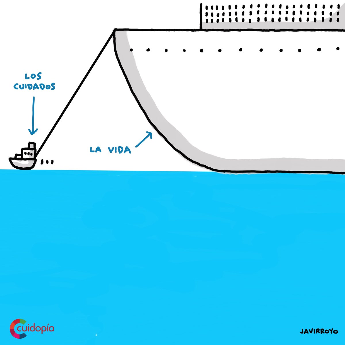 javirroyo's tweet photo. Tan importantes e imprescindibles para la vida y tan invisibilizados a veces. Como ese barquito que remolca al gran barco a puerto. Así son los cuidados. Mi colaboración para @cuidopia , el lugar donde los cuidados son lo primero.
.
#cuidados #Vida #cuidopia #javirroyo https://t.co/JyM0vvn7Sj