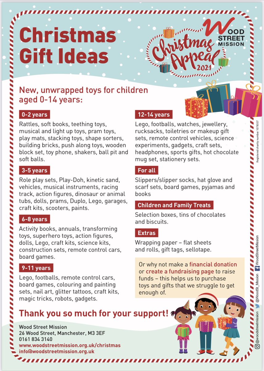 If you’re feeling generous and want to support our #WoodStreetXmas appeal here’s some ideas for pressies we know the children will love #ThankYou #Manchester #Salford #Poverty