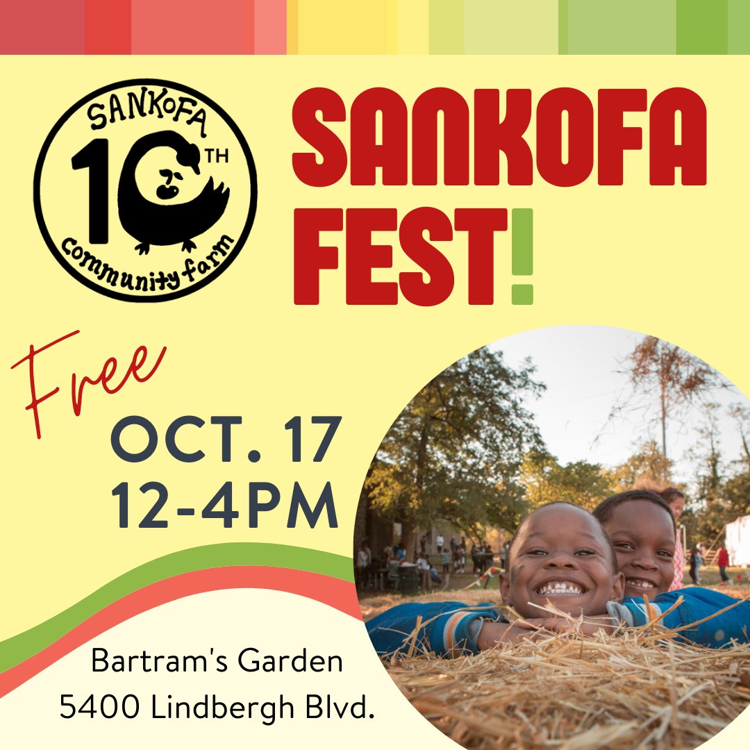 Sunday's the day! Come celebrate 10 years of Sankofa Community Farm with a FREE, family-friendly harvest festival! 🎉🎉🎉

Sankofa Fest
October 17
12-4PM

✨
Music + dancing
Boating
Community workshops
Kids' activities
Food trucks
Sankofa Homecoming
✨

bartramsgarden.org/event/sankofa-…