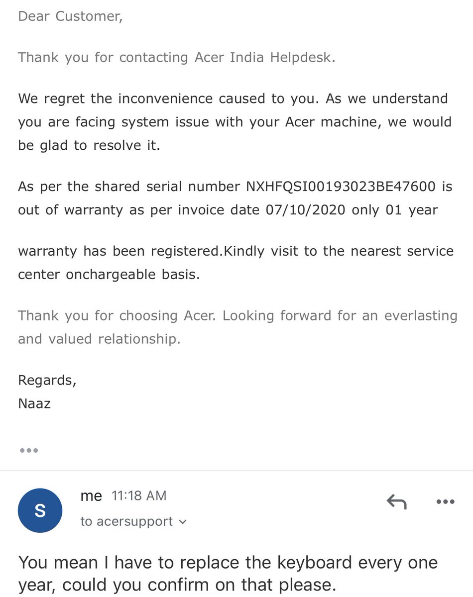 sreevishnu's tweet photo. @Acer_India @Acer I have been using various brand laptop 15y now, never had any issue. Buying acer was one of the biggest mistake. Within 2yrs 2times keyboard stopped working n had to replace. Wen I questioned abt bad quality,no response frm cst care #acer https://t.co/DPLMaQhl7Q