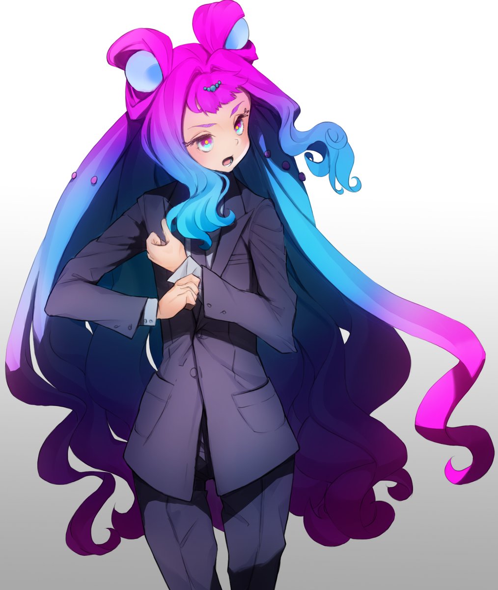 1girl solo long hair blue hair formal suit multicolored eyes  illustration images