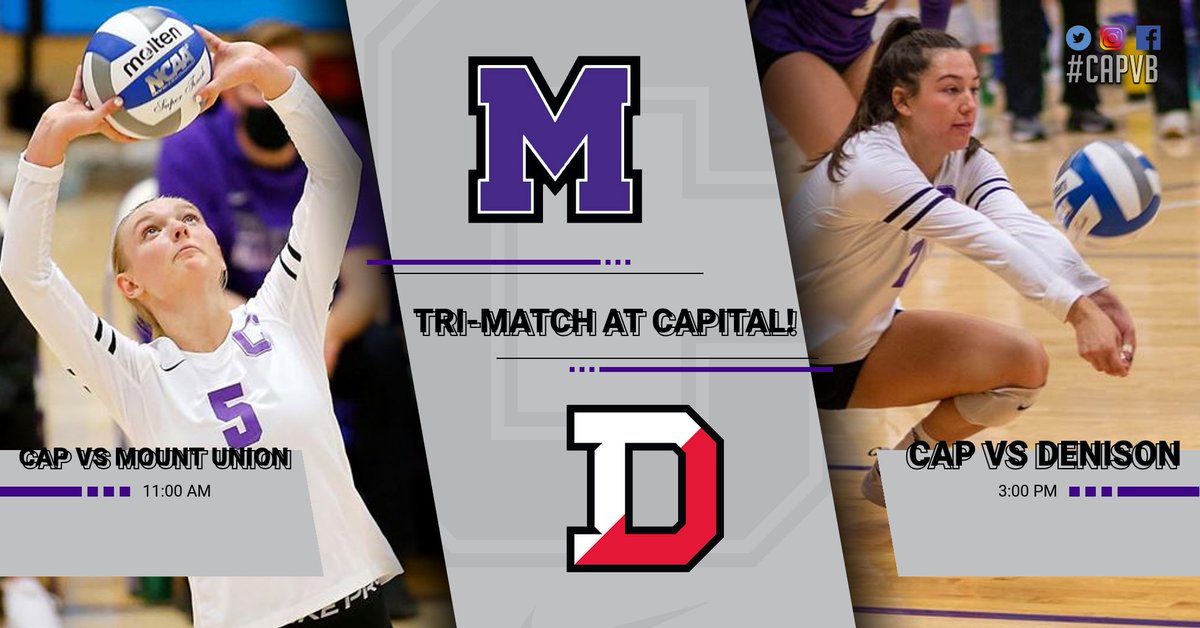 CapVolleyball's tweet photo. Two opportunities to come see us in action at the Cap Center today!  First match at 11am vs Mount, second match at 3pm vs Denison!  #CapVB #CapFam https://t.co/jSkqlfL8Nr