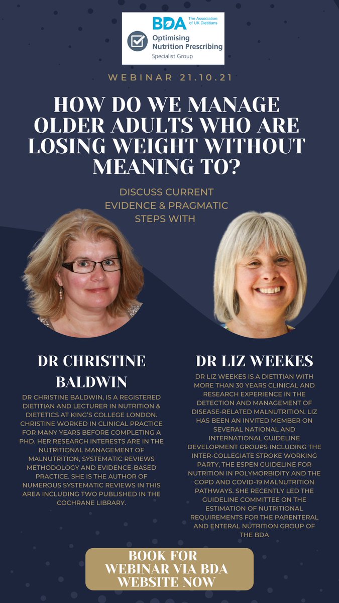 BDA_ONPG's tweet image. 🌟#UKMAW2021 got you thinking how to tackle #malnutrition? Then don't miss the 21.10.21 WEBINAR covering #currentevidence &amp;amp; #pragmaticsteps on how we manage older adults who lose weight without meaning to

📢#RD #RD2B #AHP &amp;amp; #HCPs welcomed to BOOK: bda.uk.com/ems-event-cale… 

#CPD