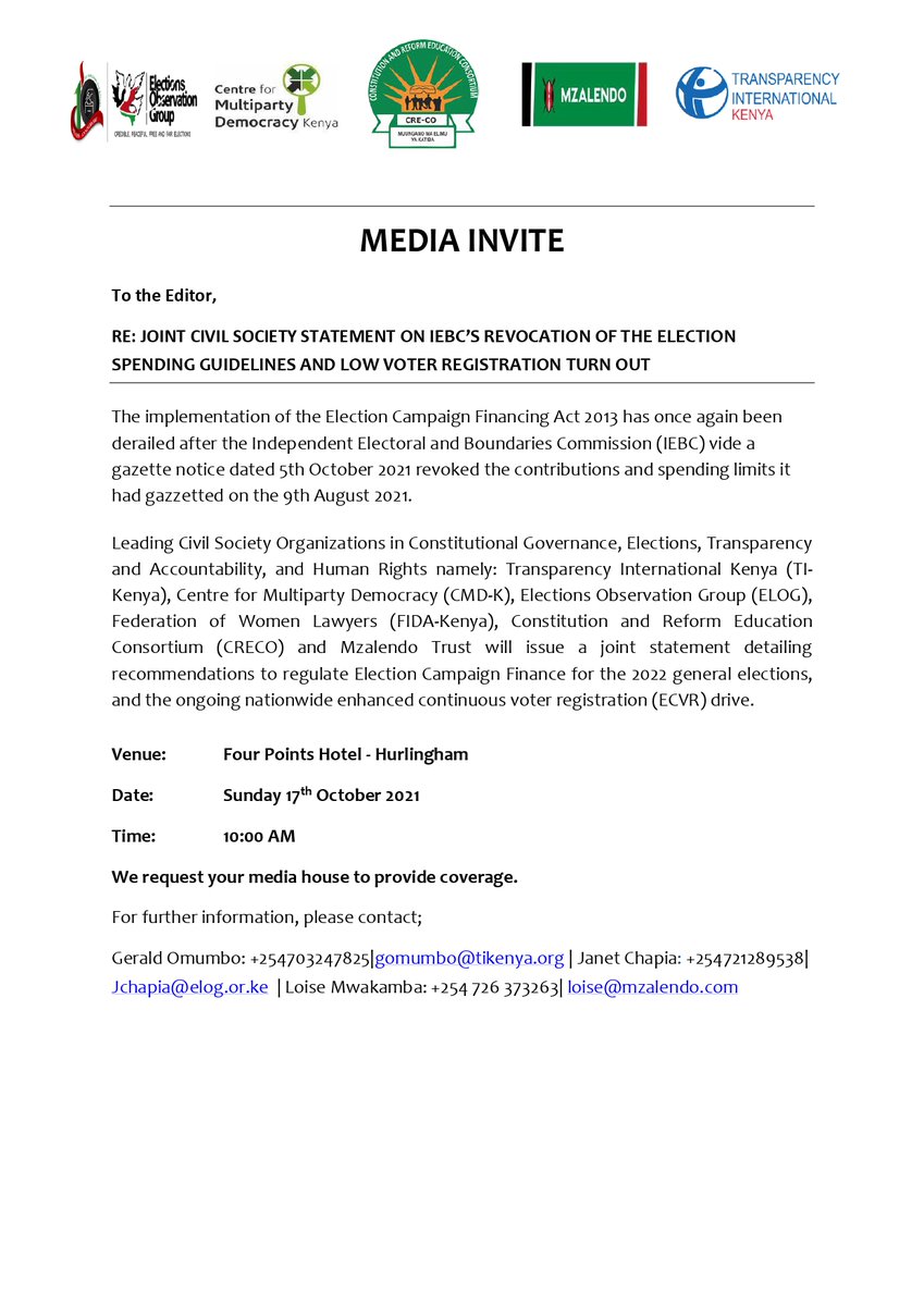 MEDIA INVITE: Joint Statement by Civil Society Organisations on IEBC’s Revocation of the Election Spending Guidelines and Low Voter Registration Turn Out.

Happening tomorrow, 17th October 2021 from 10:00 AM at <a href="/FourPointsNBO/">Four Points Nairobi</a>. For more details: bit.ly/3aNXIyE.