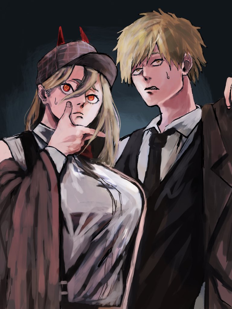 power (chainsaw man) 1girl 1boy blonde hair necktie black necktie horns hat  illustration images