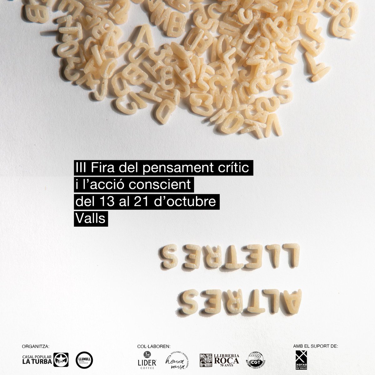 Avui som a <a href="/altreslletres/">altreslletres</a>, a #Valls: no us ho perdeu perquè encara ens hi trobareu un grapat d'hores. Us hi esperen Maria Aurèlia Capmany, el Noi del Sucre, Enric Garcia Jardí, Salvat-Papasseit, Laia Estrada i molts d'altres… i moltes editorials amigues amb mil propostes 📚🔥